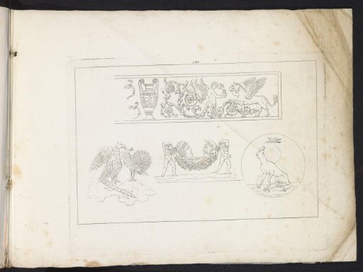 Symbols of Jupiter and Juno, a garland with masks, a round medallion with a dog, an anchor and a bird, and a frieze with arabesques