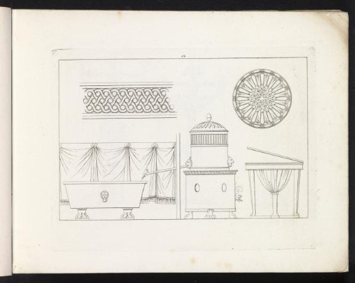 Ornamental border, rosette, bath, and oven heating bathwater