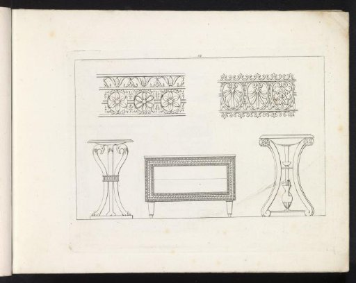 Two ornamental borders, two side tables, and a cabinet