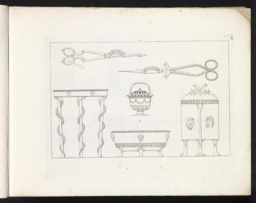 Two shears, a side table, two urns, and a basin