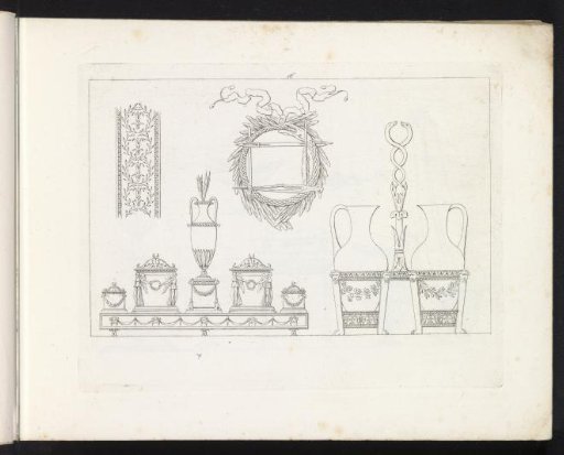 Ornamental border, urns, vases, and an ouroboros