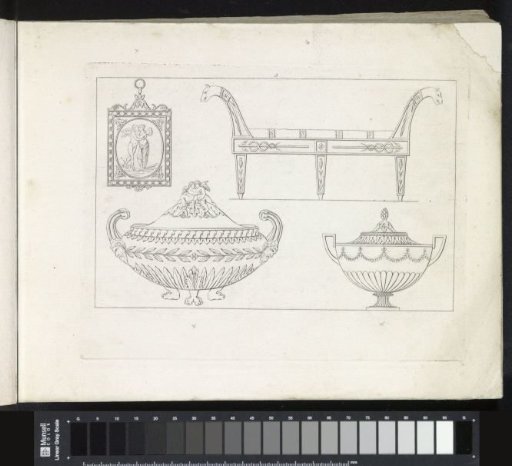 Diana on her chariot, a bed, vases, a table and a basin on a pillar with sphinxes