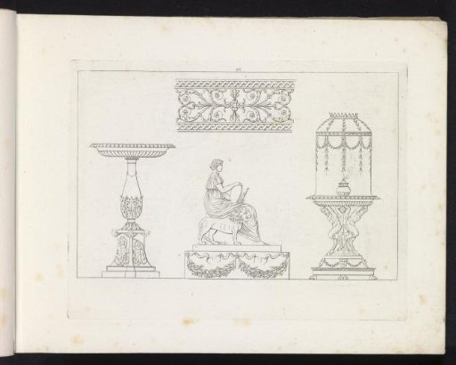 Ornamental border, a basin, a sculpture of a woman with a lion, and a table