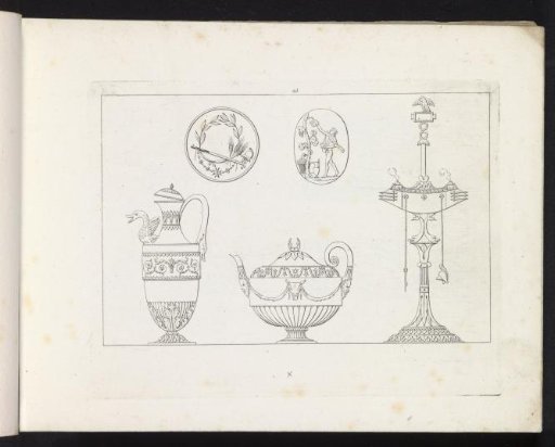 Medallion, cameo, two ewers, and a stand
