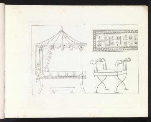 Canopy bed, ornamental border, and bench