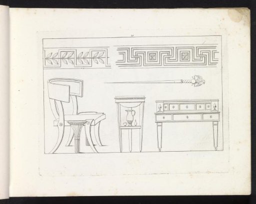 Ornamental borders, a chair, a sword, a side table, and a desk