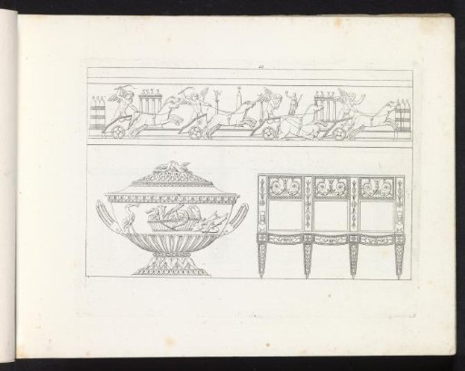Frieze with putti in carriages, a basin and a bench
