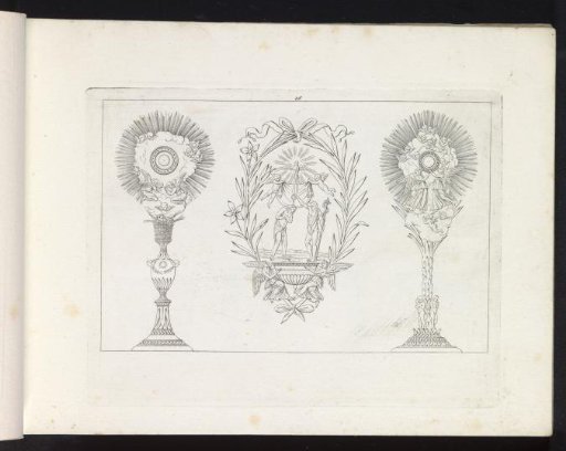 Two monstrances and a holy water font with a depiction of the Baptism of Christ in the Jordan