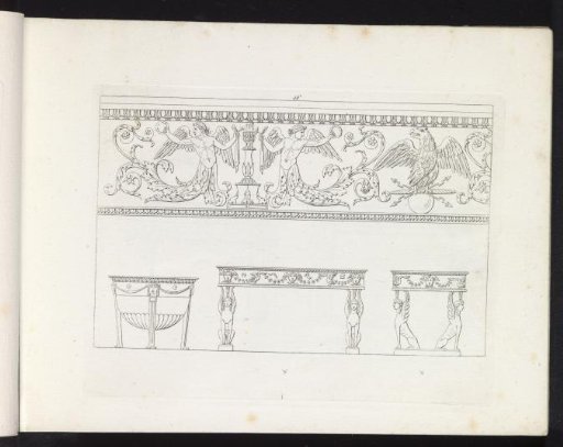 Three tables and an ornamental frieze with winged figures and an eagle