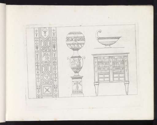 Ornamental border, a vase, a basin and a bookcase