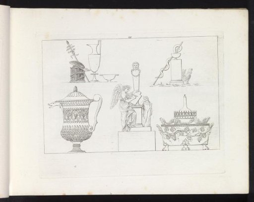 Ornamental tableware and a statue with a winged figure