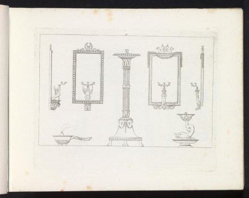 Four mirrors with candlesticks, two standing candlesticks and a lamp