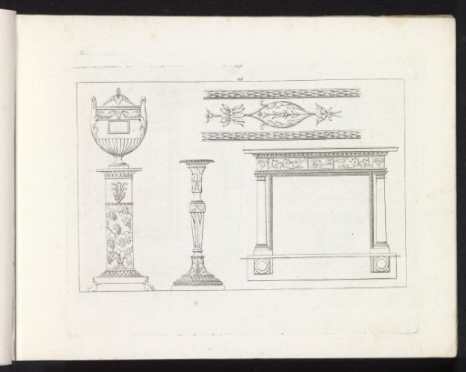 Urn on a pedestal, a candlestick, a fireplace and an ornamental border