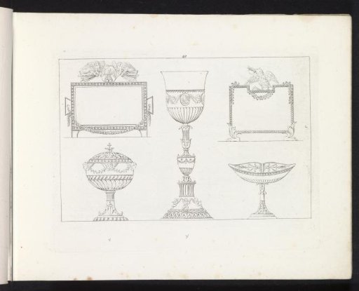 Two fire screens, an urn, a chalice, and a bowl