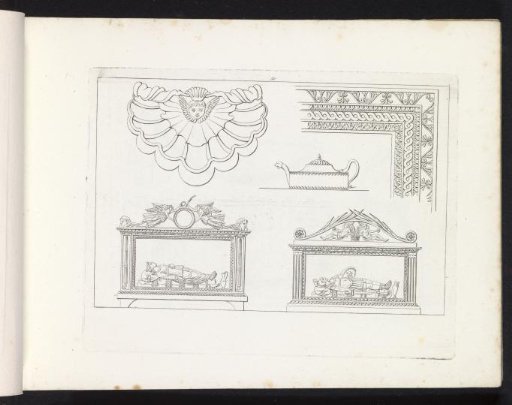 Two monuments, a shell ornament, a teapot, and an ornamental border