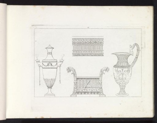 Oil lamp, can, bench, and ornamental border