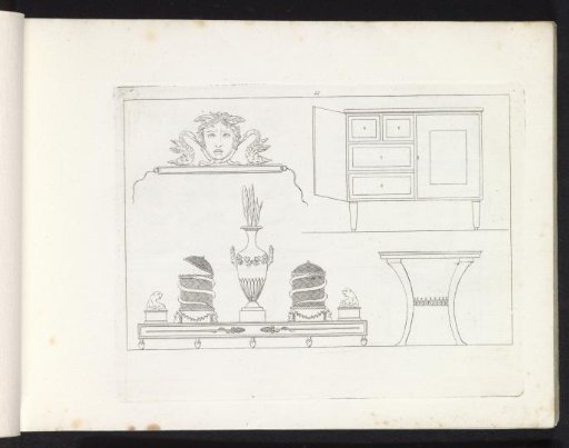 Mask, cabinet, urns, vase, and table