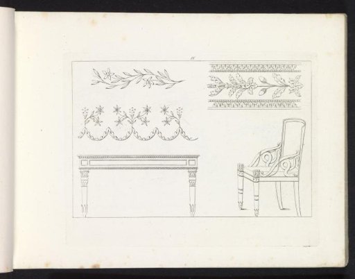 Chair, table, and three ornamental borders