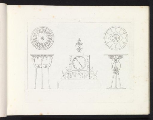 Two rosettes, two tables, and a table clock