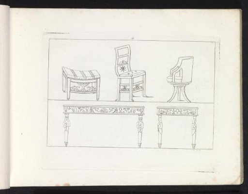 Bench, two chairs, and two views of a table