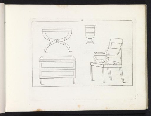 Table, cabinet, vase and chair