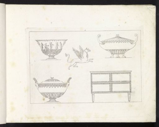 Three ornamental borders, a side table, a candlestick and a jug