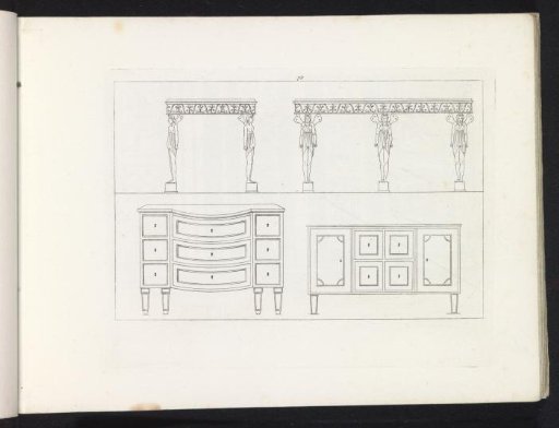 Two views of a table and two cabinets