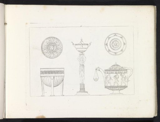 Two rosettes, a baptismal font, an oil lamp and a teapot