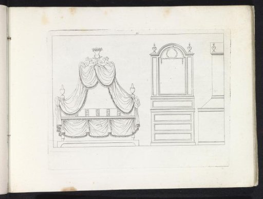 Four-poster bed and two views of a cabinet