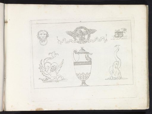 Door knocker, eagle, sea monsters, and a jug