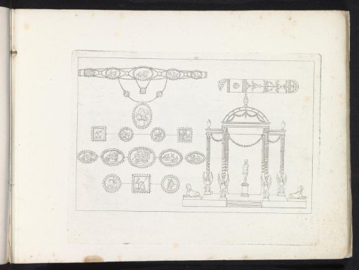 Chain, case, Egyptian temple, and medallions