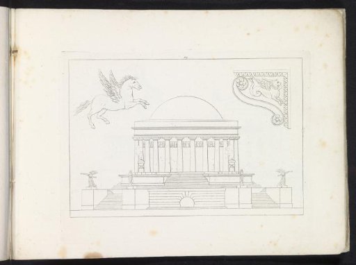 Pegasus, a console, and a temple with a dome