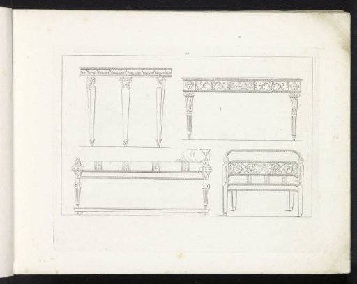 Two views of a table clock, two consoles and three vases