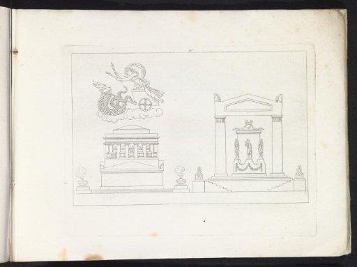 Two temples and Ceres on a chariot drawn by two dragons