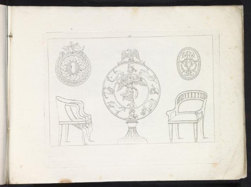 Two chairs, two locks, and an ornamental medallion on a pedestal