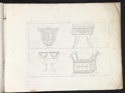 Vase, chair, baptismal font, and bench