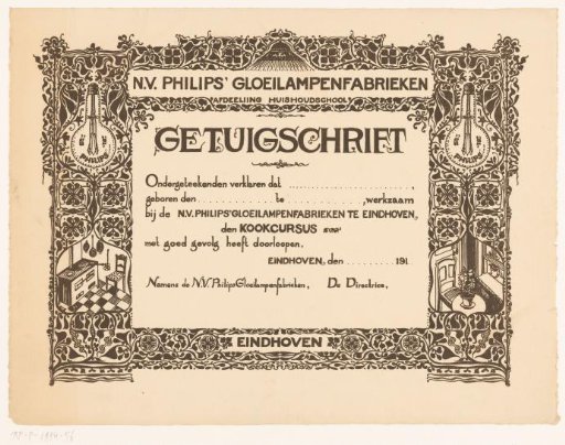 Certificate of the cooking course at the Philips Household School