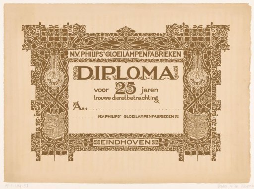 Diploma for twenty-five years of service at Philips