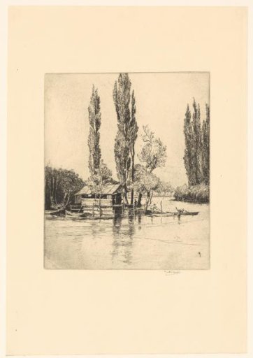 Boat house among tall trees