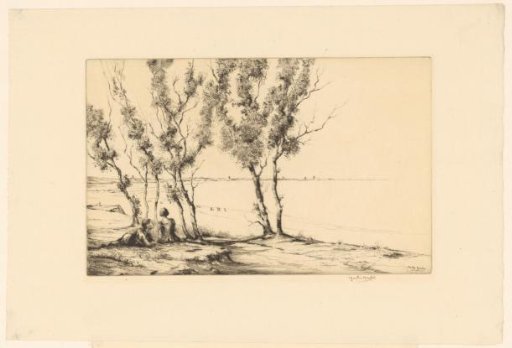 Group in the shade of trees and view of the coast at Dunwich