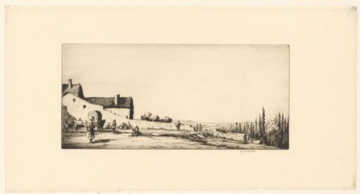 Landscape with a covered wagon near a building