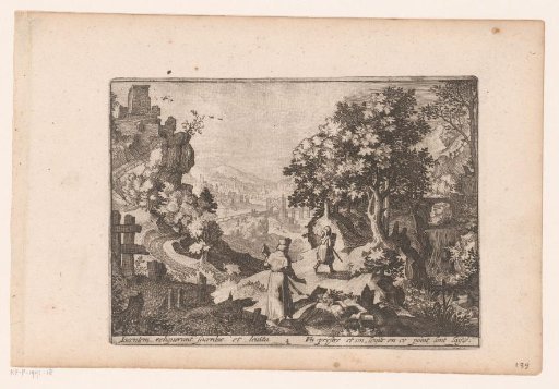 Landscape with the story of the Good Samaritan: the priest and the Levite pass by the victim and leave him