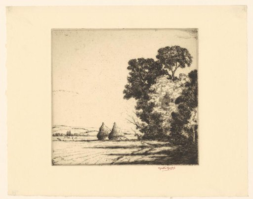 Landscape with trees and two haystacks