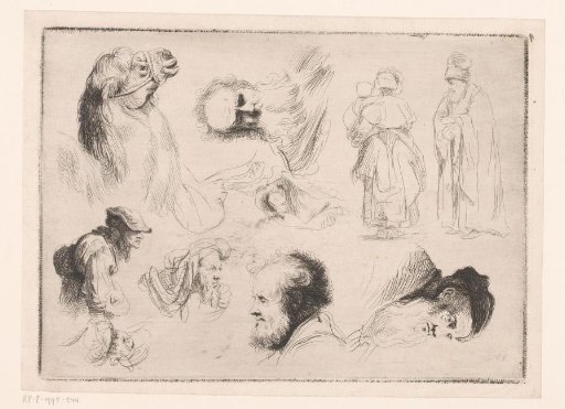 Composition with heads of various men and a camel and two standing figures