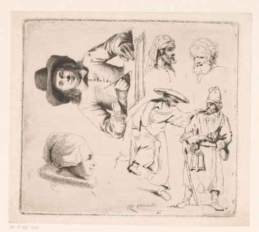 Composition with a writing man, a woman's head and four male figures