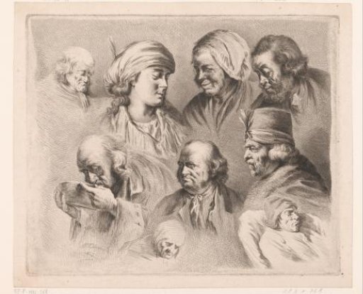 Composition with nine heads of men and women of different ages