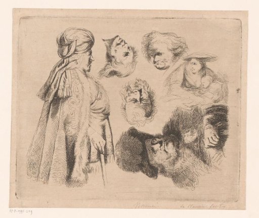 Composition with an Oriental man, a woman with a child and four heads of men