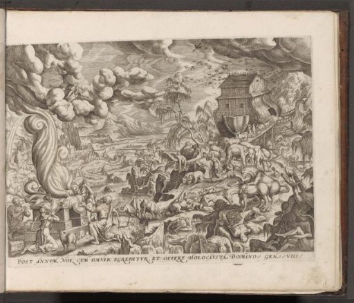 Animals leave the ark and Noah thanks God