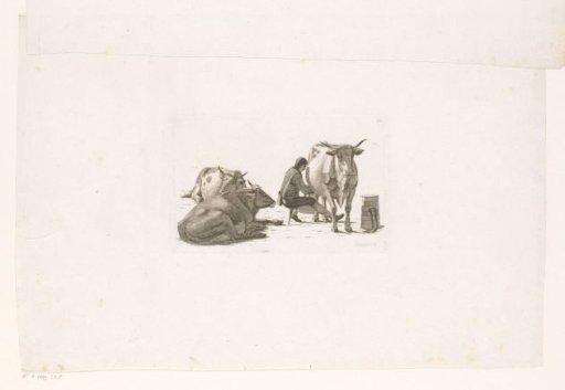 Peasant milking a cow with two lying cattle