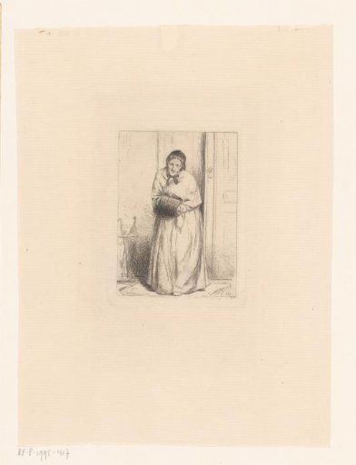Woman with a muff, at a house door